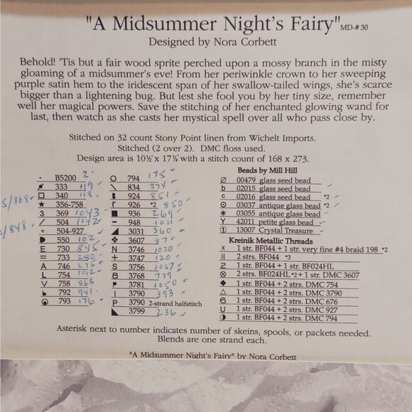 Mirabilia Midsummer Nights Fairy Cross Stitch Pattern with Linen Beads Kreinik - Picture 5 of 9